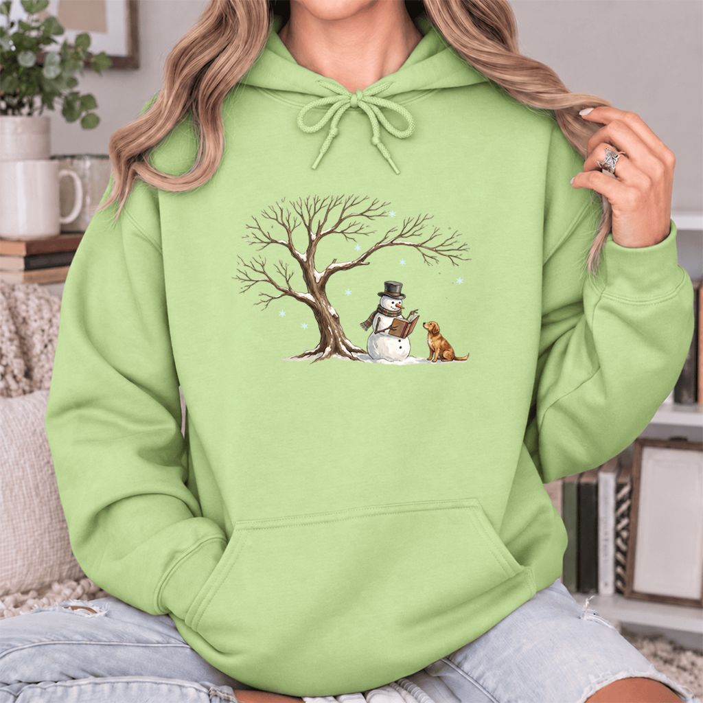 Golden Retriever And Snowman Under Tree Softstyle Hoodie | Christmas Reader Gift Pistachio