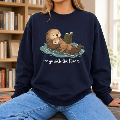 Go With The Flow Otter Reading Crewneck Sweatshirt | Reader Gift Navy