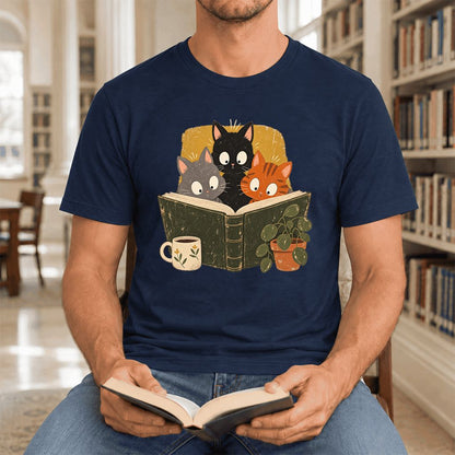 Curious Reading Cats Ultra-Soft Cotton T-Shirt | Cat Lover Reader Gift Navy