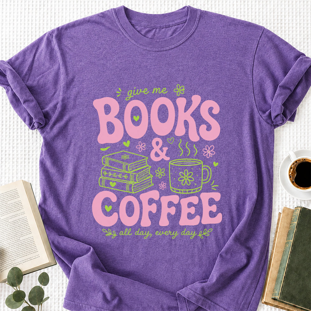 Books and Coffee Softstyle T-Shirt | Book Lover Gift Heather Purple