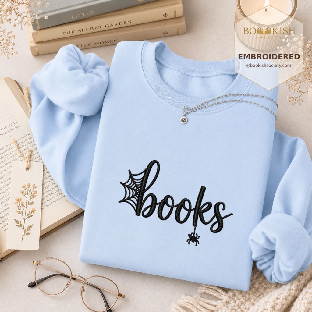 Halloween Books Embroidered Sweatshirt | Spooky Book Lover Gift Light Blue