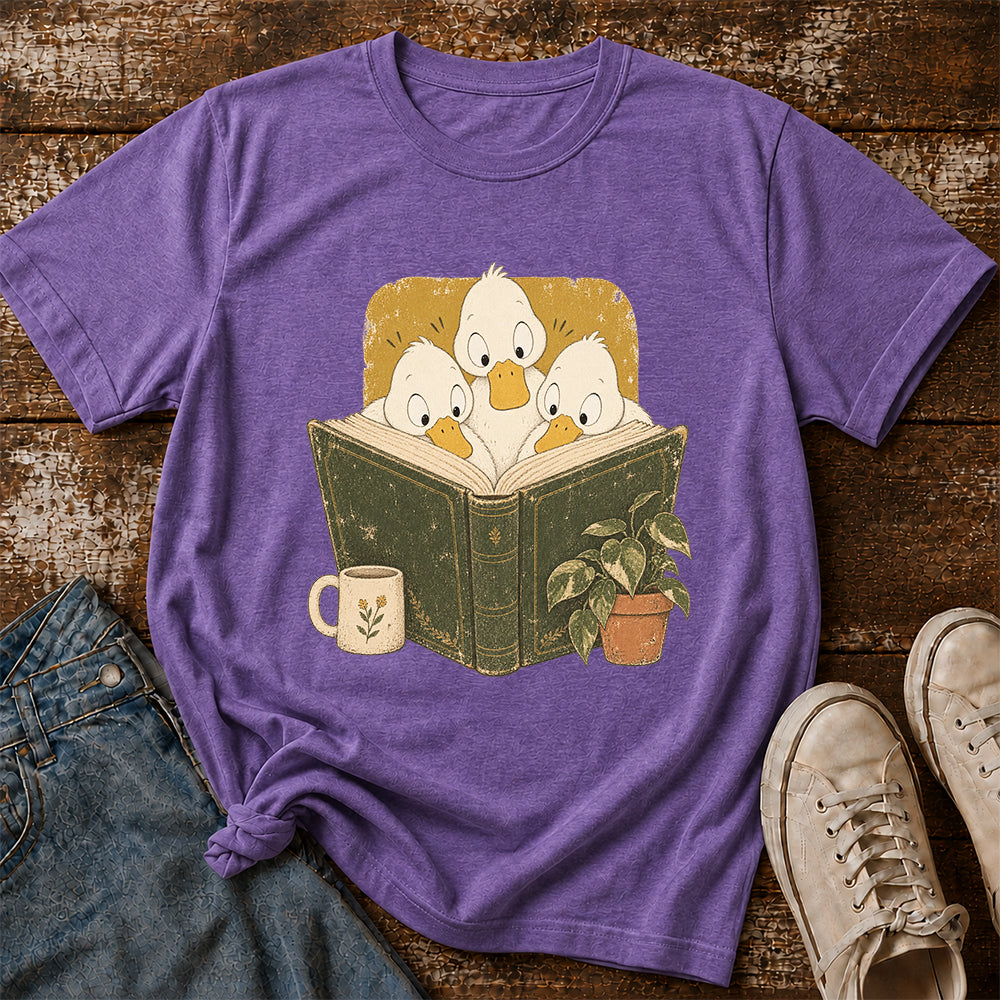 Minimal Japanese Ducks Reading Softstyle T-Shirt | Book Lover Gift Heather Purple