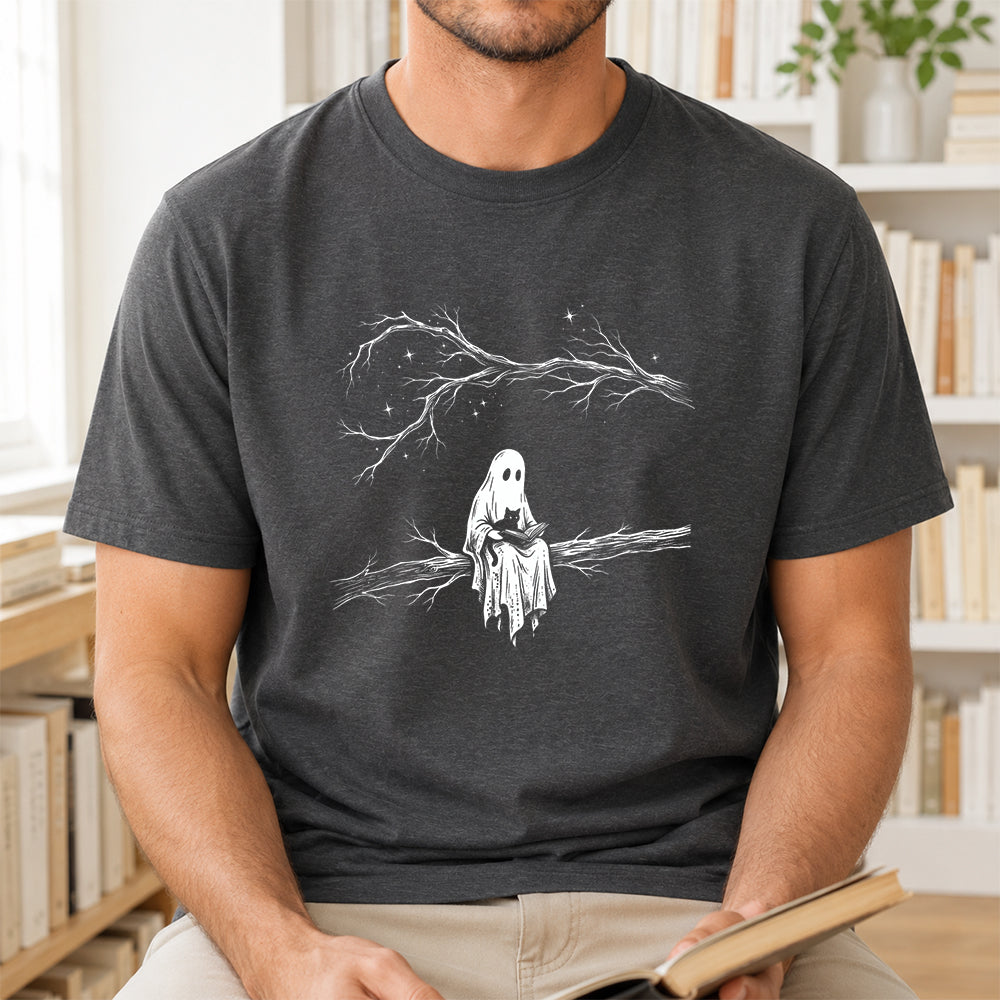 Reading Ghost With Black Cat Printed T-Shirt | Halloween Cat Lover Reader Gift Dark Heather