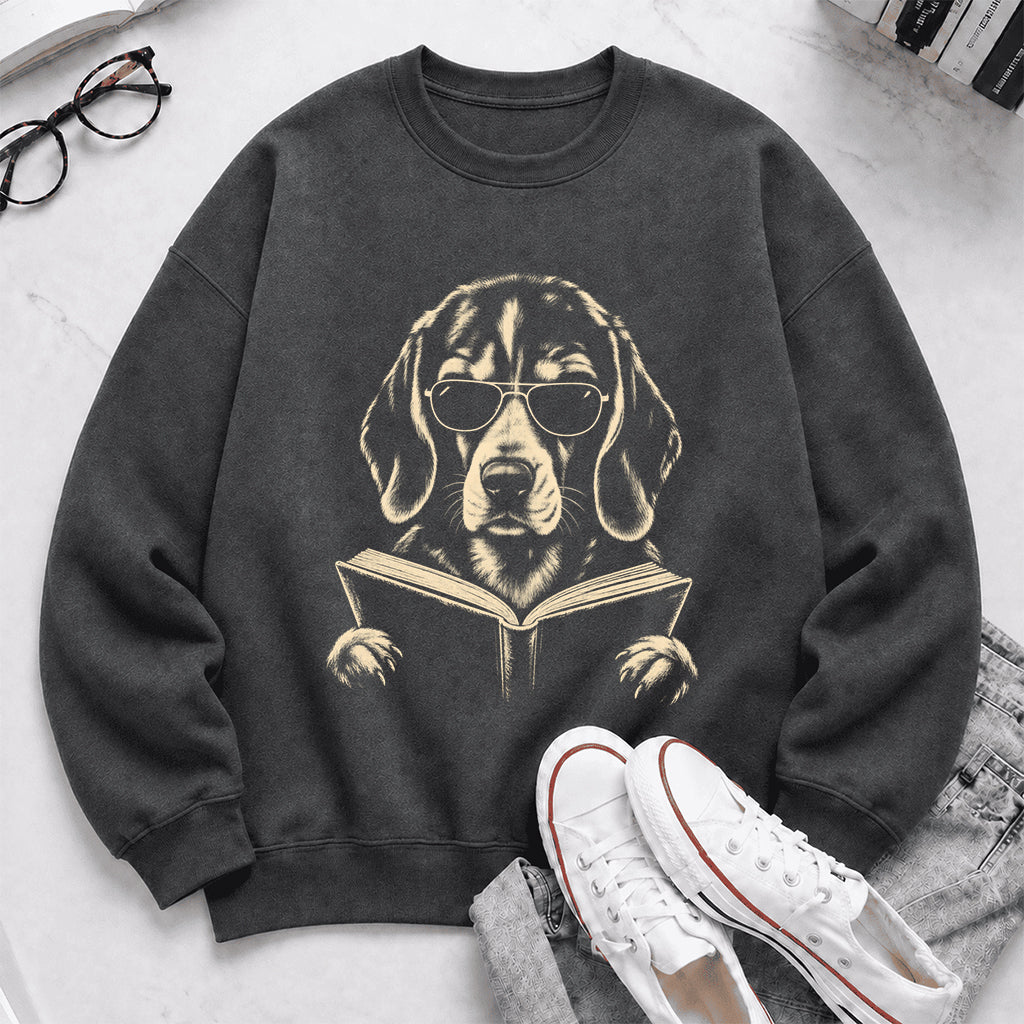 Beagle Reading Book Crewneck Sweatshirt | Reader Gift Dark Heather