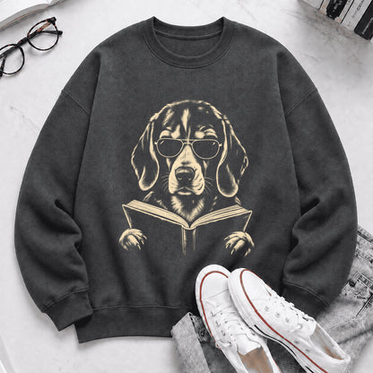 Beagle Reading Book Crewneck Sweatshirt | Reader Gift Dark Heather