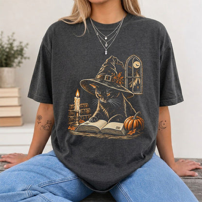 Reading Black Cat Witch Printed T-Shirt | Halloween Book Lover Gift Dark Heather