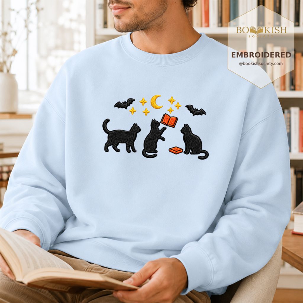 Black Cats With Books Embroidered Sweatshirt | Spooky Reader Gift Light Blue