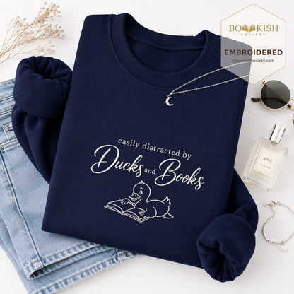 Easily Distracted By Ducks And Books Embroidered Sweatshirt | Reader Gift Navy
