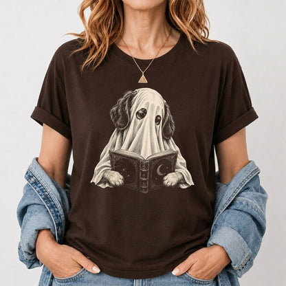Reading Ghost Dog Printed T-Shirt | Halloween Dog Lover Gift Dark Chocolate