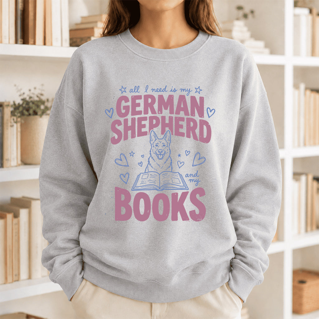 All I Need Is My German Shepherd And My Books Crewneck Sweatshirt | Dog Lover & Reader Gift Sport Grey