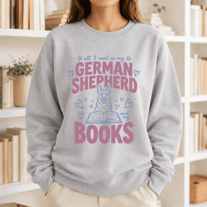 All I Need Is My German Shepherd And My Books Crewneck Sweatshirt | Dog Lover & Reader Gift Sport Grey
