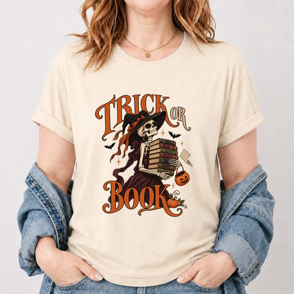 Trick Or Book Lady Printed T-Shirt | Halloween Book Lover Gift Natural