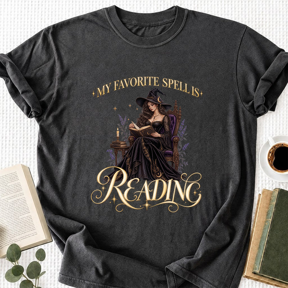 My Favorite Spell Is Reading Printed T-Shirt | Halloween Fantasy Book Lover Gift Dark Heather