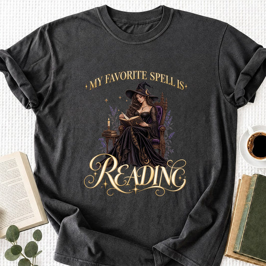 My Favorite Spell Is Reading Printed T-Shirt | Halloween Fantasy Book Lover Gift Dark Heather