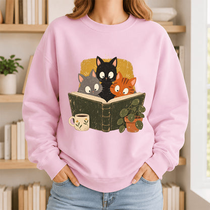 Minimal Japanese Cats Reading Crewneck Sweatshirt | Reader Gift Light Pink