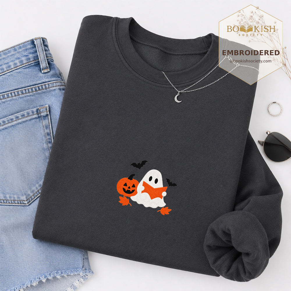 Ghost Reading Embroidered Sweatshirt | Halloween Reader Gift Dark Heather