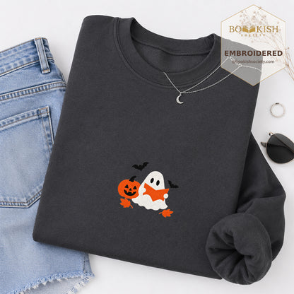 Ghost Reading Embroidered Sweatshirt | Halloween Reader Gift Dark Heather