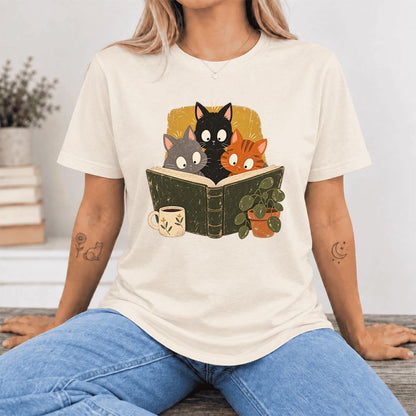 Curious Reading Cats Ultra-Soft Cotton T-Shirt | Cat Lover Reader Gift Natural