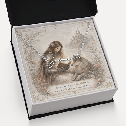 Lady Knight Reading Decorative Card And Custom Name Polished Stainless Steel Necklace With Box Book Lover Gift Font 2