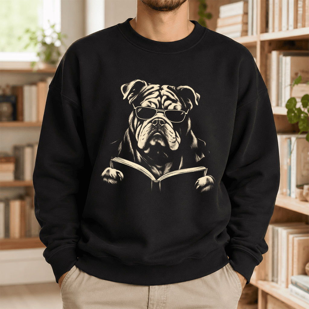 Bulldog Reading Book Crewneck Sweatshirt | Reader Gift Black