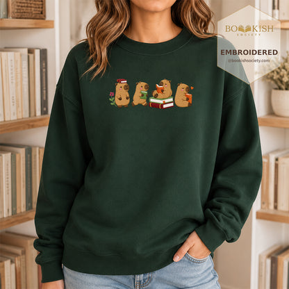 Reading Capybaras Embroidered Sweatshirt | Reader Gift Forest Green