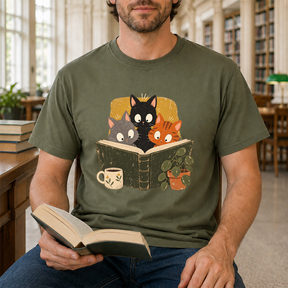 Minimal Japanese Cats Reading Softstyle T-Shirt | Book Lover Gift Military Green