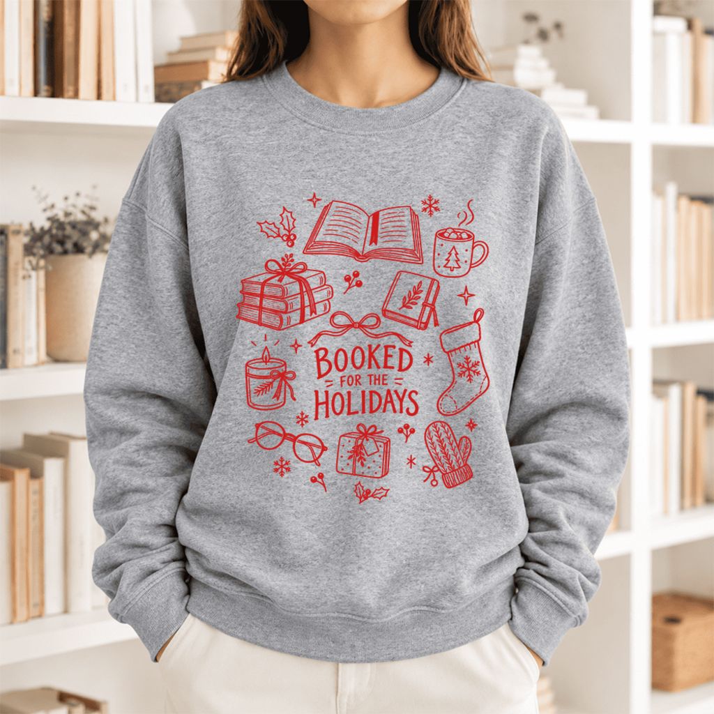 Booked For The Holidays Softstyle Sweatshirt | Christmas Book Lover Gift Sport Grey