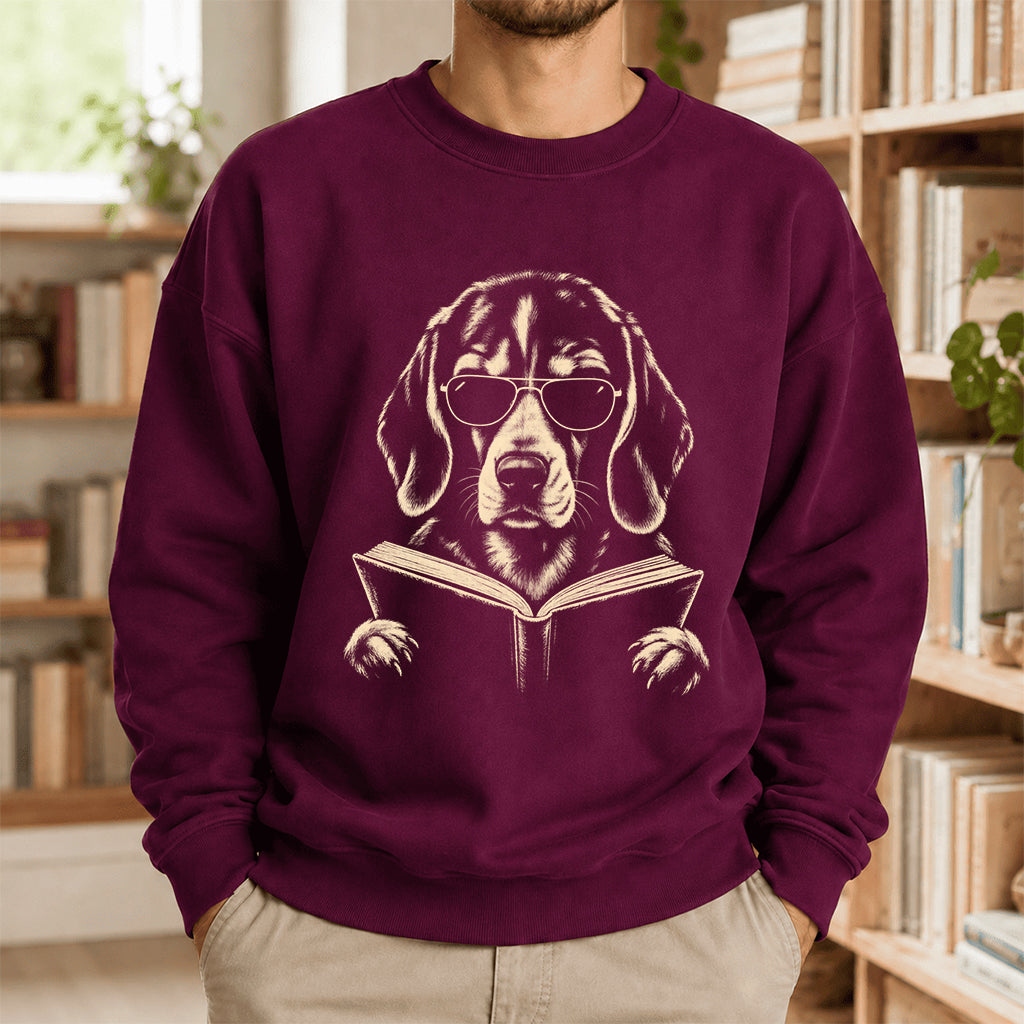 Beagle Reading Book Crewneck Sweatshirt | Reader Gift Maroon