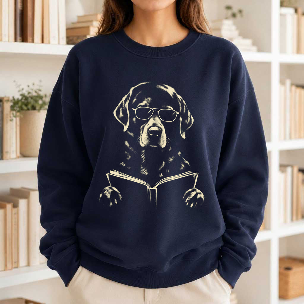 Labrador Retriever Reading Book Crewneck Sweatshirt | Reader Gift Navy