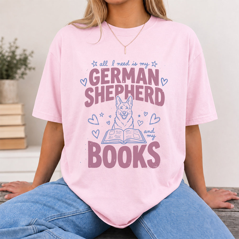 All I Need Is My German Shepherd And My Books Cotton T-Shirt | Dogs Lover & Reader Gift Light Pink