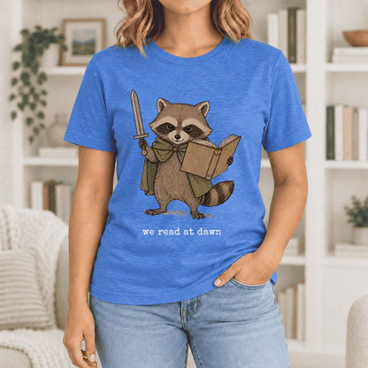 We Read At Dawn Funny Racoon Ultra-Soft Cotton T-Shirt | Playful Reader Gift Heather True Royal