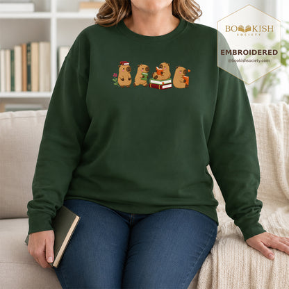 Reading Capybaras Embroidered Sweatshirt | Reader Gift Forest Green