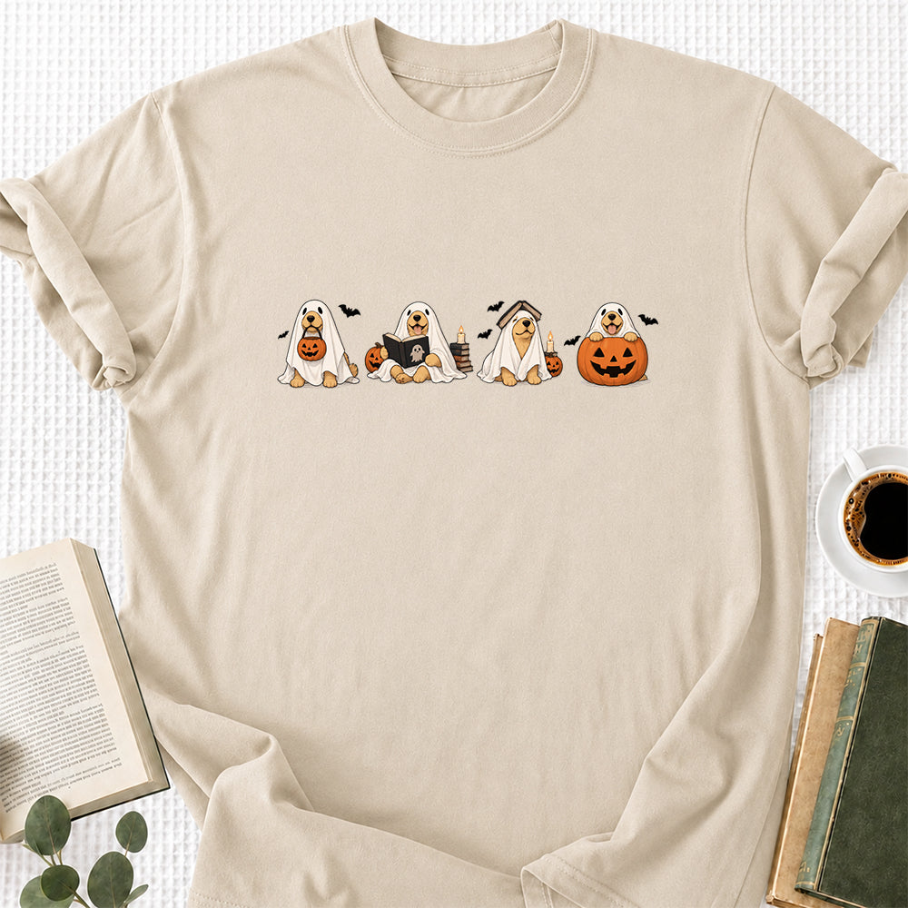 Spooky Golden Retrievers Book Club Printed T-Shirt | Halloween Book Lover Gift Sand