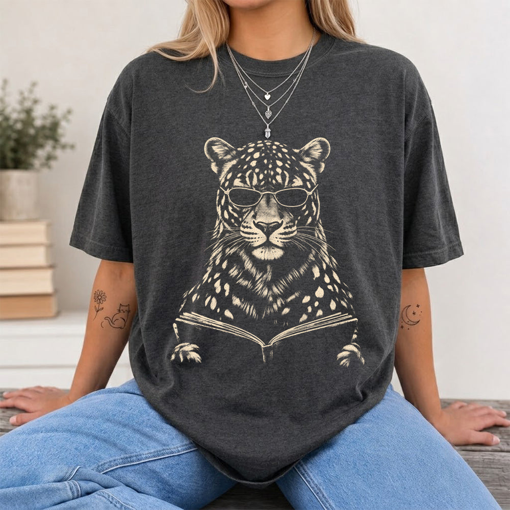 Leopard Reading Book Softstyle T-Shirt | Book Lover Gift Dark Heather