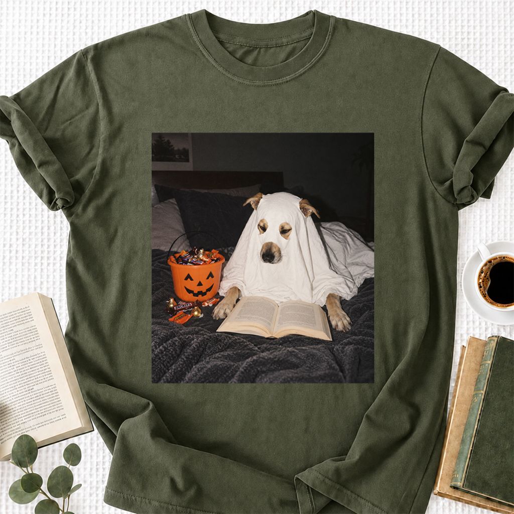 Cute Reading Ghost Dog Printed T-Shirt | Halloween Book Lover Gift Military Green
