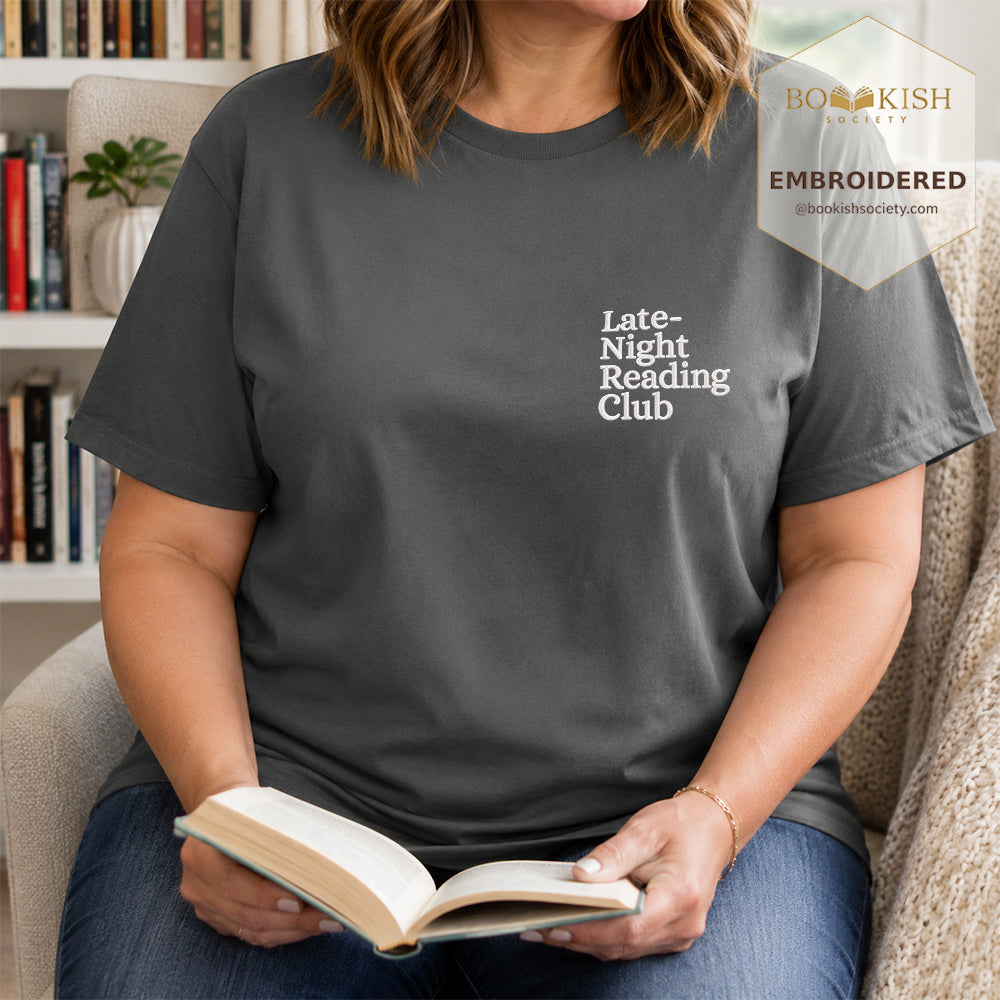 Late Night Reading Club Embroidered Comfort Color® T-shirt | Book Lover Gift Pepper