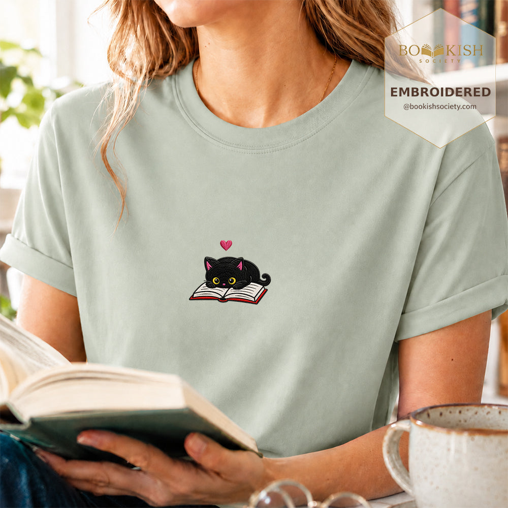 Embroidered Black Cat and Book Comfort Color® T-shirt Book Lover Gift Bay