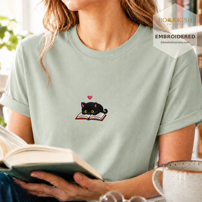 Embroidered Black Cat and Book Comfort Color® T-shirt Book Lover Gift Bay