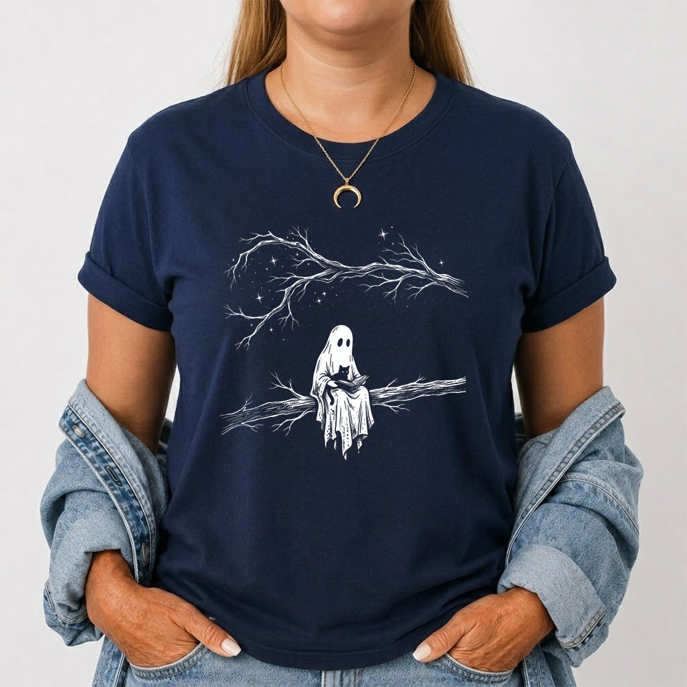 Reading Ghost With Black Cat Printed T-Shirt | Halloween Cat Lover Reader Gift Navy