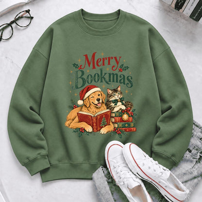 Merry Bookmas Softstyle Sweatshirt | Christmas Book Lover Gift Military Green