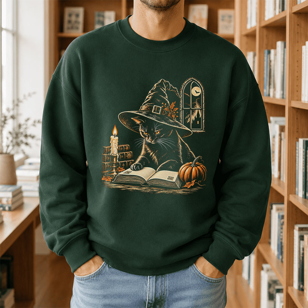 Reading Black Cat Witch Printed Sweatshirt | Halloween Book Lover Gift Forest Green