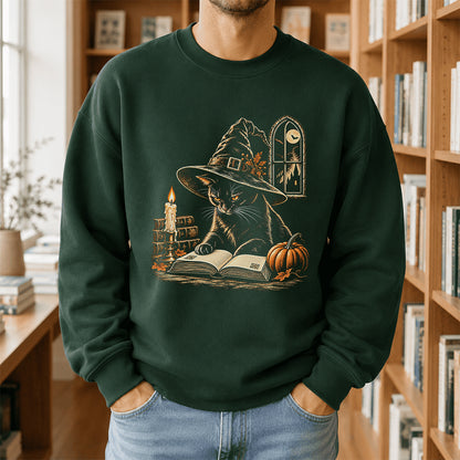 Reading Black Cat Witch Printed Sweatshirt | Halloween Book Lover Gift Forest Green
