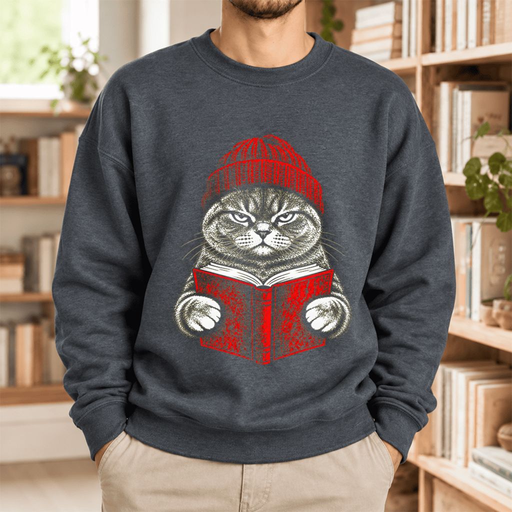 Vintage Reading Cat British Shorthair Softstyle Sweatshirt | Christmas Gift Dark Heather