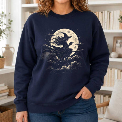 Reading Witch On The Flying Broom Printed Sweatshirt | Halloween Reader Gift Navy