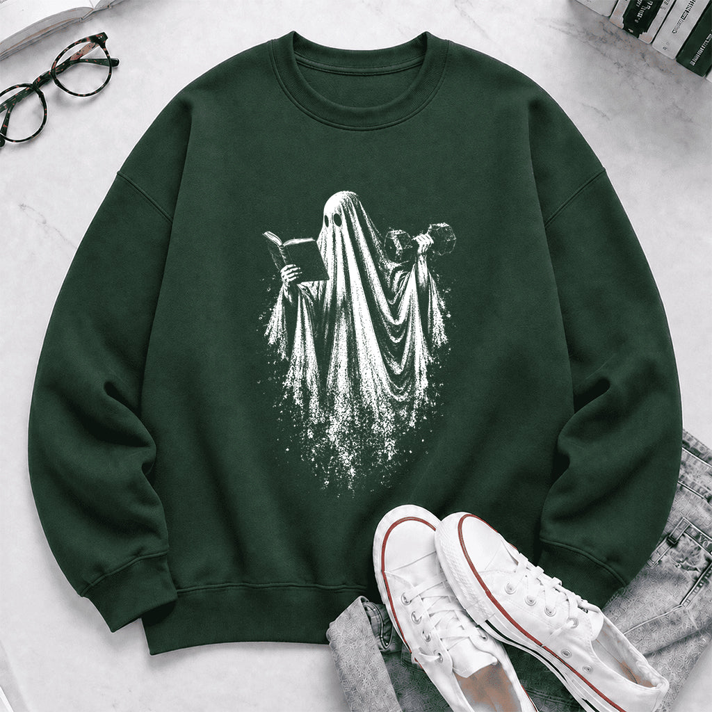Reading Gym Ghost Printed Sweatshirt | Halloween Book Lover Gift Forest Green