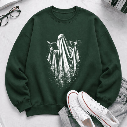 Reading Gym Ghost Printed Sweatshirt | Halloween Book Lover Gift Forest Green