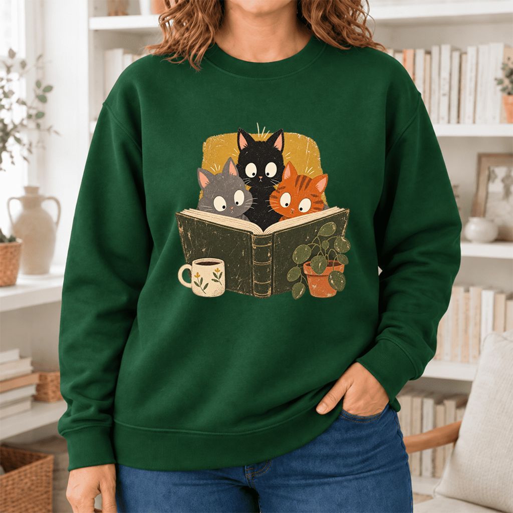 Curious Reading Cats Softstyle Sweatshirt | Cozy Book Lover Gift Forest Green