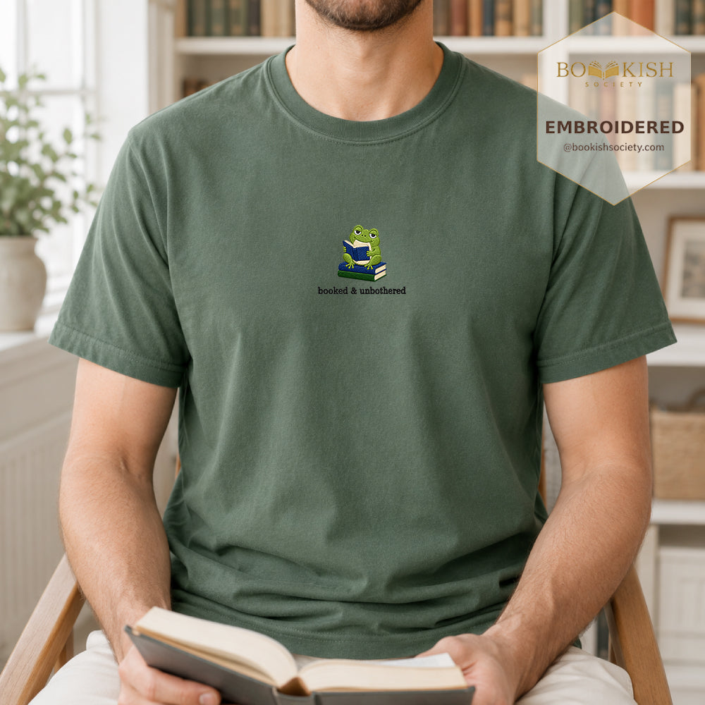 Booked and Unbothered Embroidered Comfort Color® T-shirt | Book Lover Gift Moss