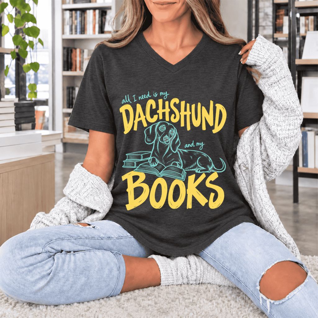 All I Need Is My Dachshund And My Books Ultra-Soft V-Neck | Dog Mom Reader Gift Dark Grey Heather