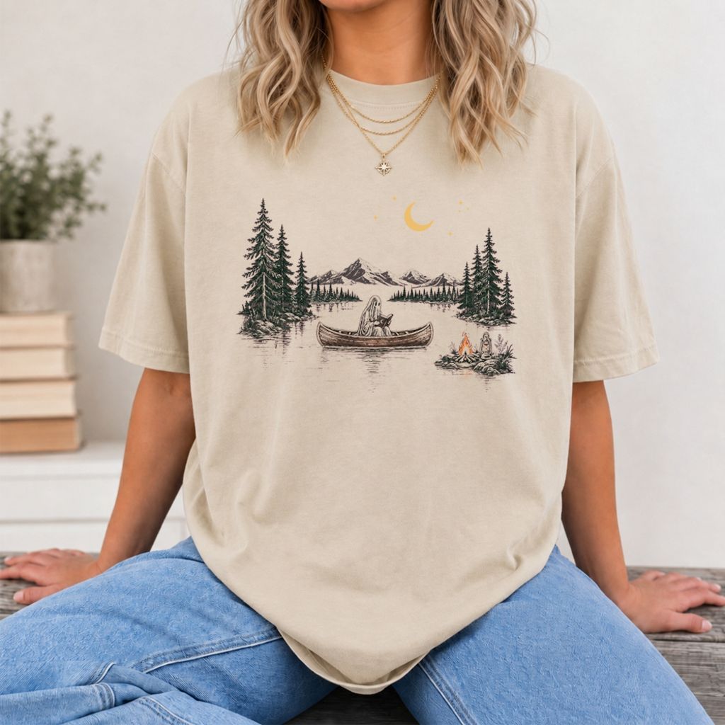 Reading Ghost On The Boat Printed T-Shirt | Spooky Book Lover Gift Sand